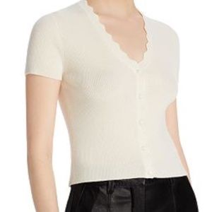 100% Cashmere Scalloped Short Sleeve Sweater Top with Buttons
